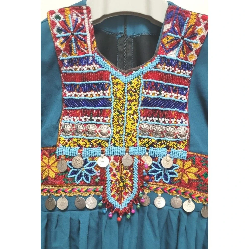 Handmade Kids Girl's Afghan Beaded & Coin Kuchi Dress - Blue 30